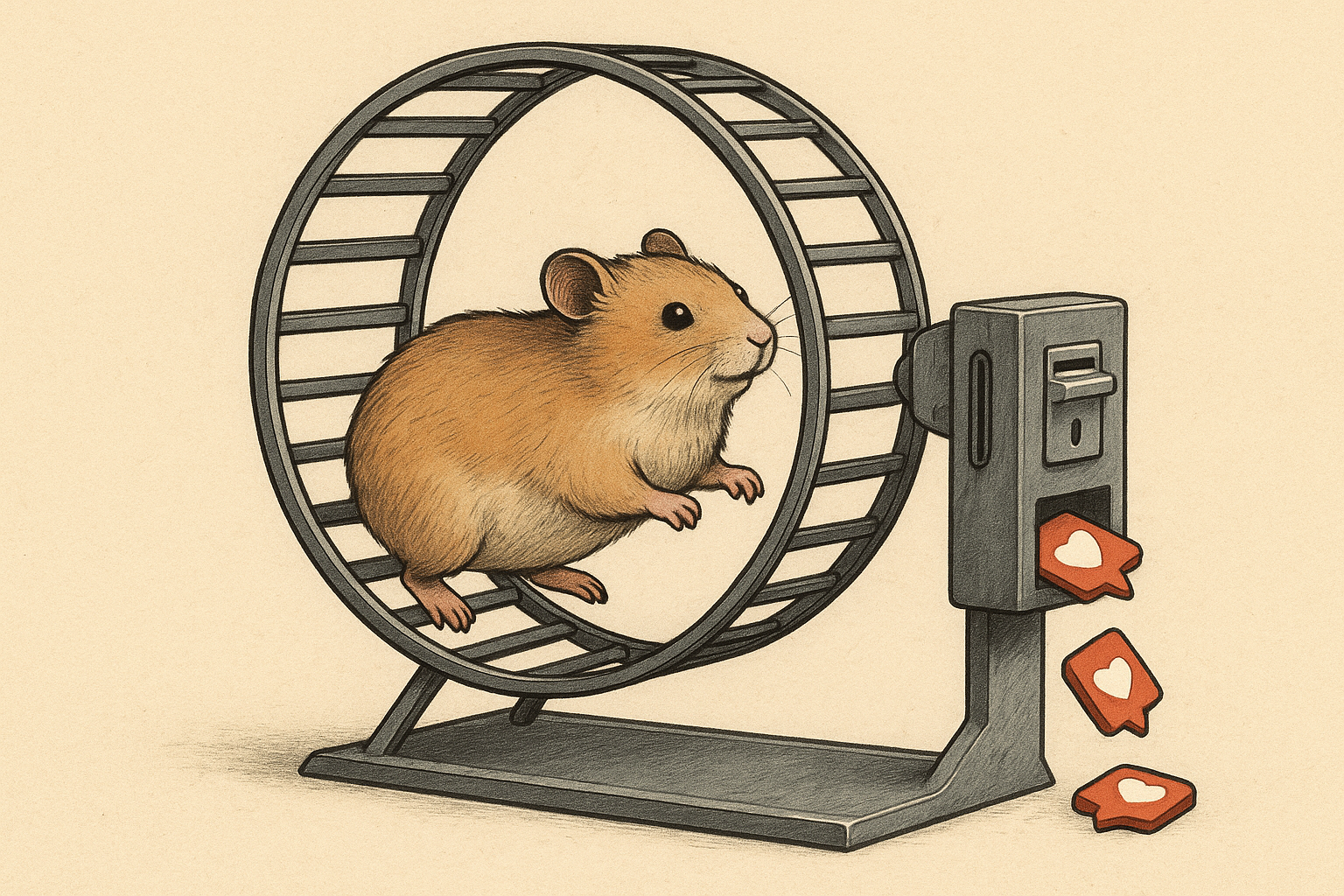 Illustration of a hamster running in a wheel that dispenses social media likes
