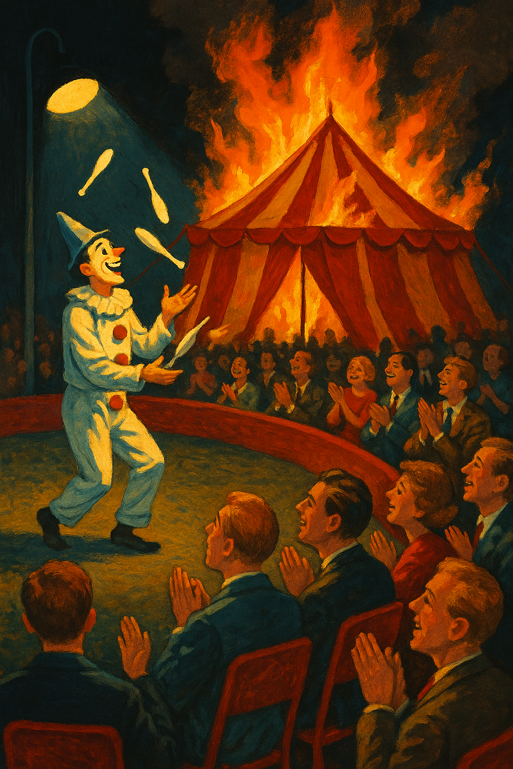 A clown in full costume juggles under a spotlight while an audience claps enthusiastically, oblivious to a large red-and-yellow circus tent burning behind them. Flames and smoke rise into the night sky as the crowd cheers, highlighting the irony of celebration amid disaster.