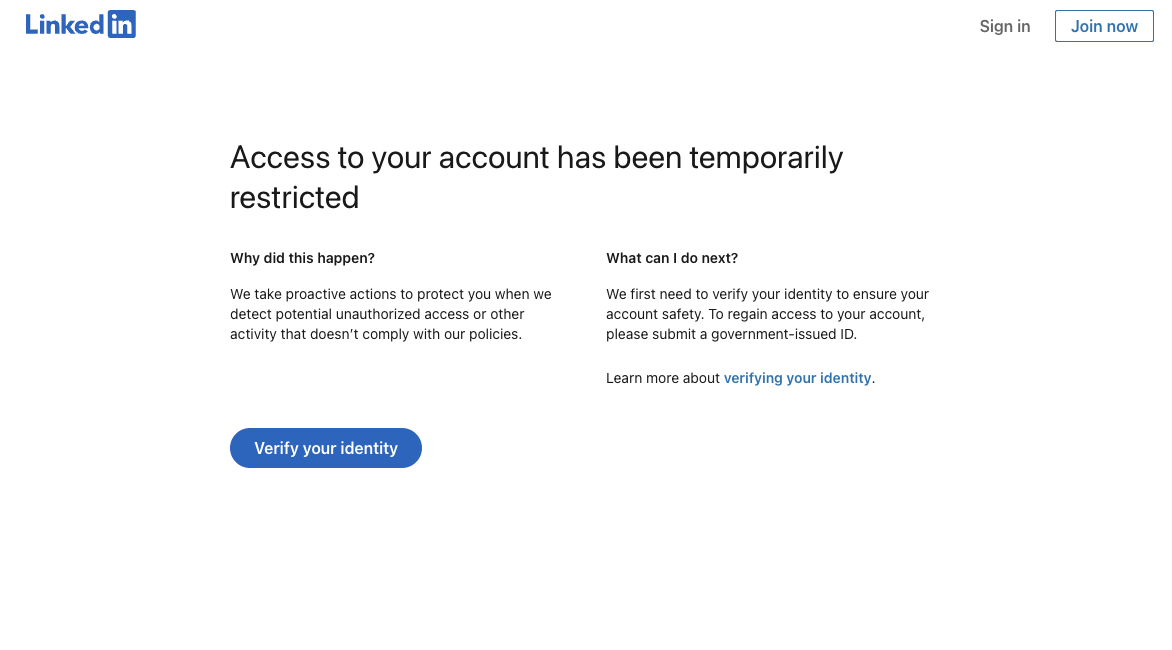 Screenshot of LinkedIn account suspension page