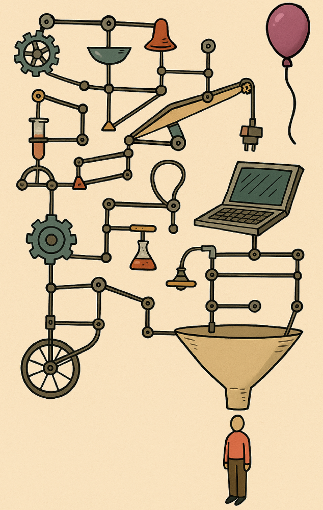 A Rube Goldberg machine feeding nonsense into a human.