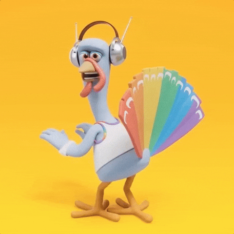 a turkey with rainbow feathers jamming in headphones