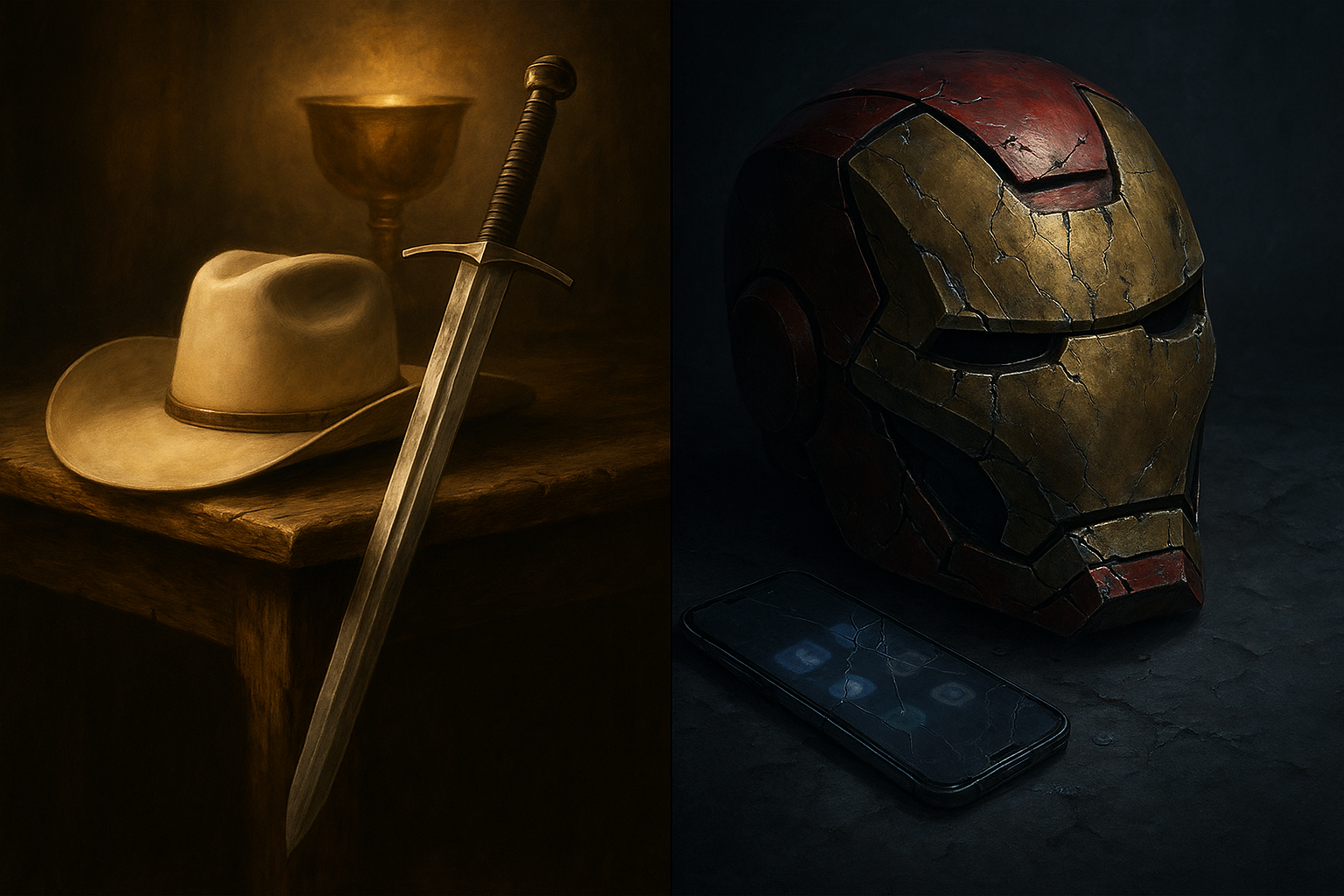 On the left side, a white hat, a sword, and a glowing chalice. On the right side, a battered Iron Man style mask and a broken mobile phone.