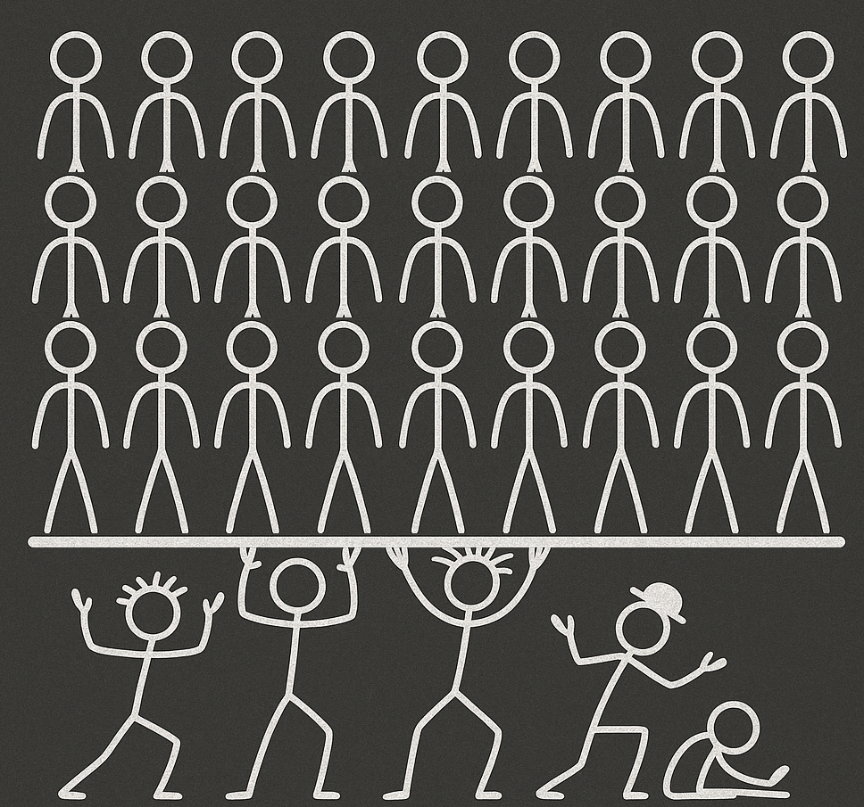 Stick-figure illustration of the phrase ‘lowest common denominator.’ Above a heavy fraction bar, rows of identical stick figures stand in uniform lines. Below the bar, quirky stick figures with different poses, hair, and hats strain upward, trying to hold the bar back, with one figure already collapsing under the weight.