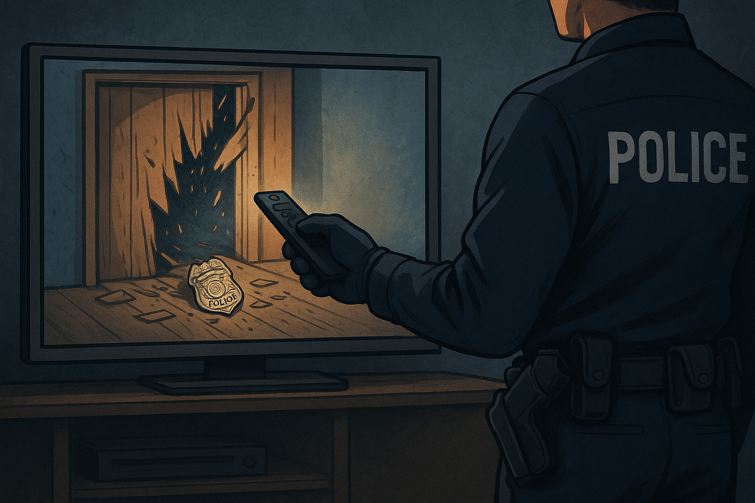 A police officer in uniform holding a remote, watching a TV screen showing a shattered door and police badge amid debris.