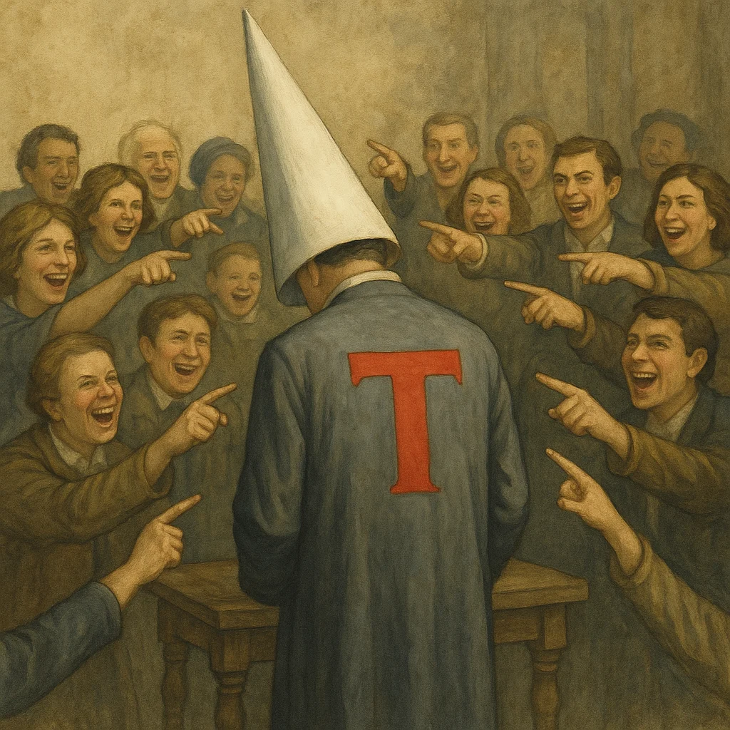 A person in a dunce cap marked with a red T, surrounded by a pointing, laughing crowd