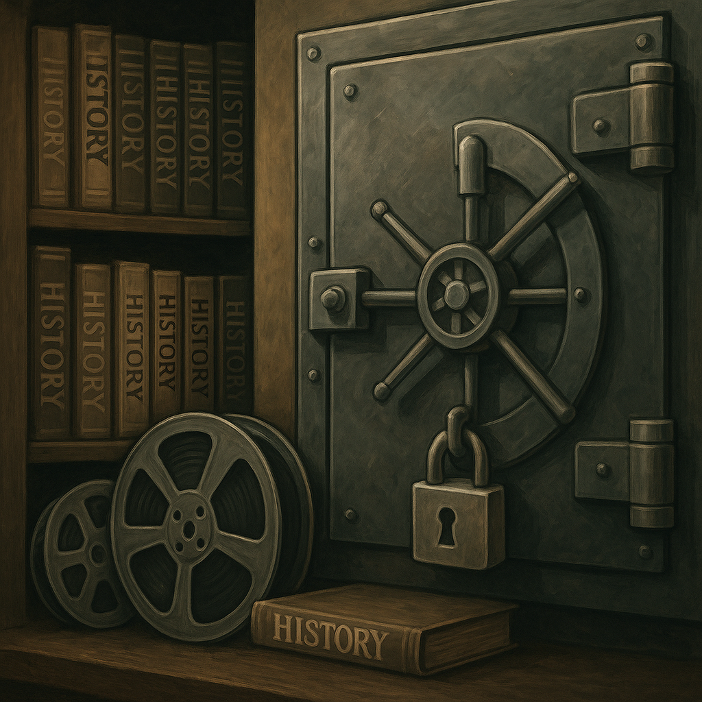 A heavy steel vault door is chained and locked, with old film reels and books nearby. The image symbolizes classic media being hidden away instead of preserved openly.